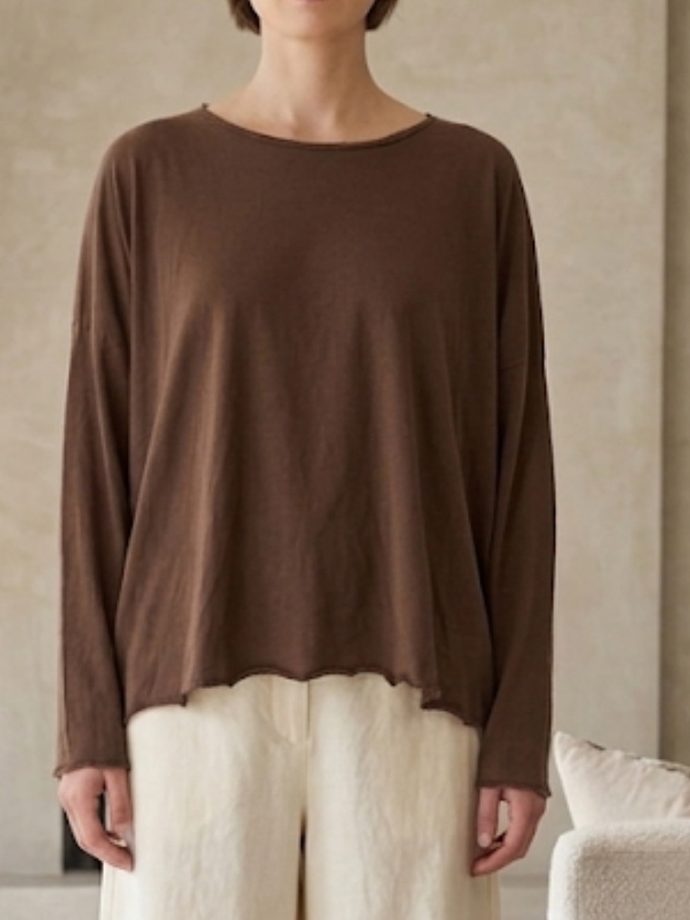 Eskandar Olive Green Brown Long Sleeve Pima Cotton Tee Oversized Top OS